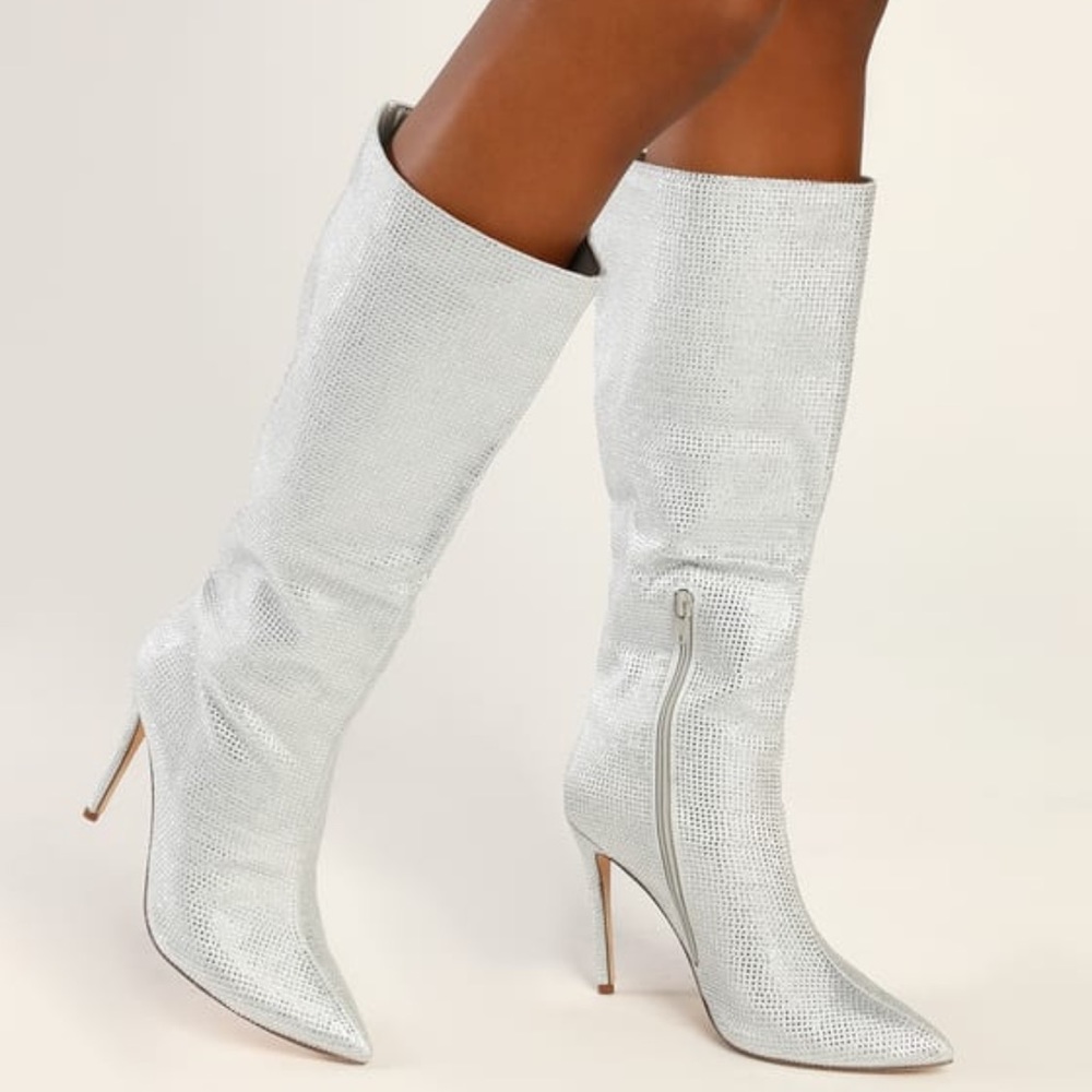 Silver Rhinestone Pointed-Toe Knee-High Boots